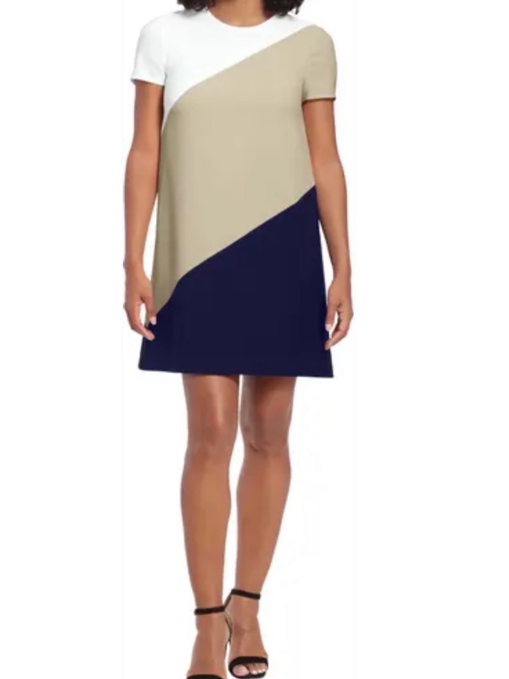 London Times White, Beige & Navy Diagonal Colorblock Mini Dress